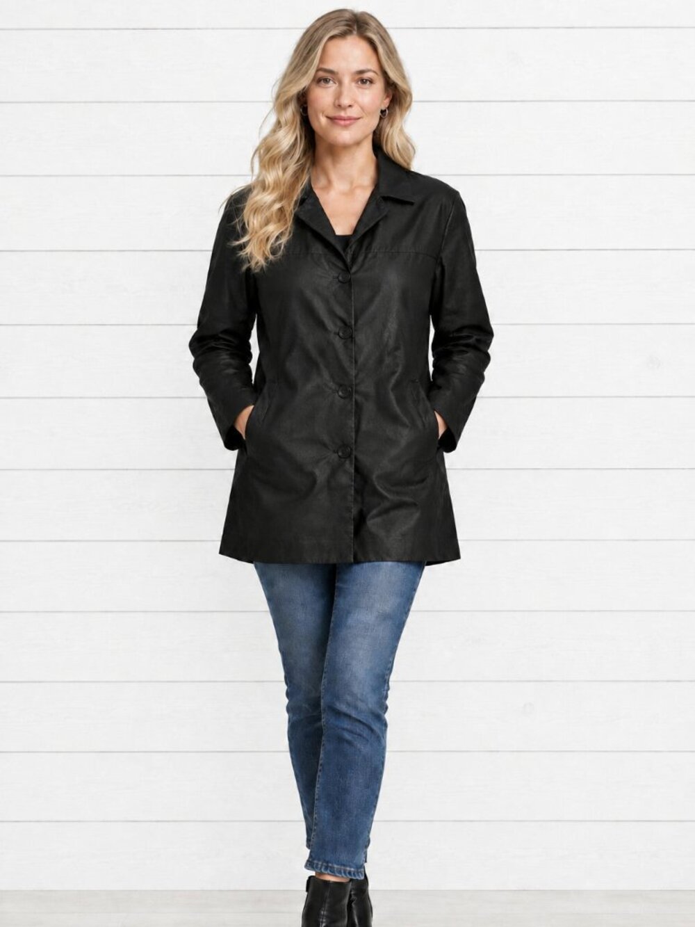 Faux Leather Medium Length Jacket, EUC